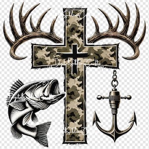 Diseño de sublimación de camuflaje cruzado de caza y pesca, asta de ciervo, ancla y bajo PNG, exterior rústico, pesca cruzada de camuflaje, caza cristiana png