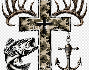 Camo Cross Hunting Fishing PNG: Deer Antler, Bass Design (Digital Download)
