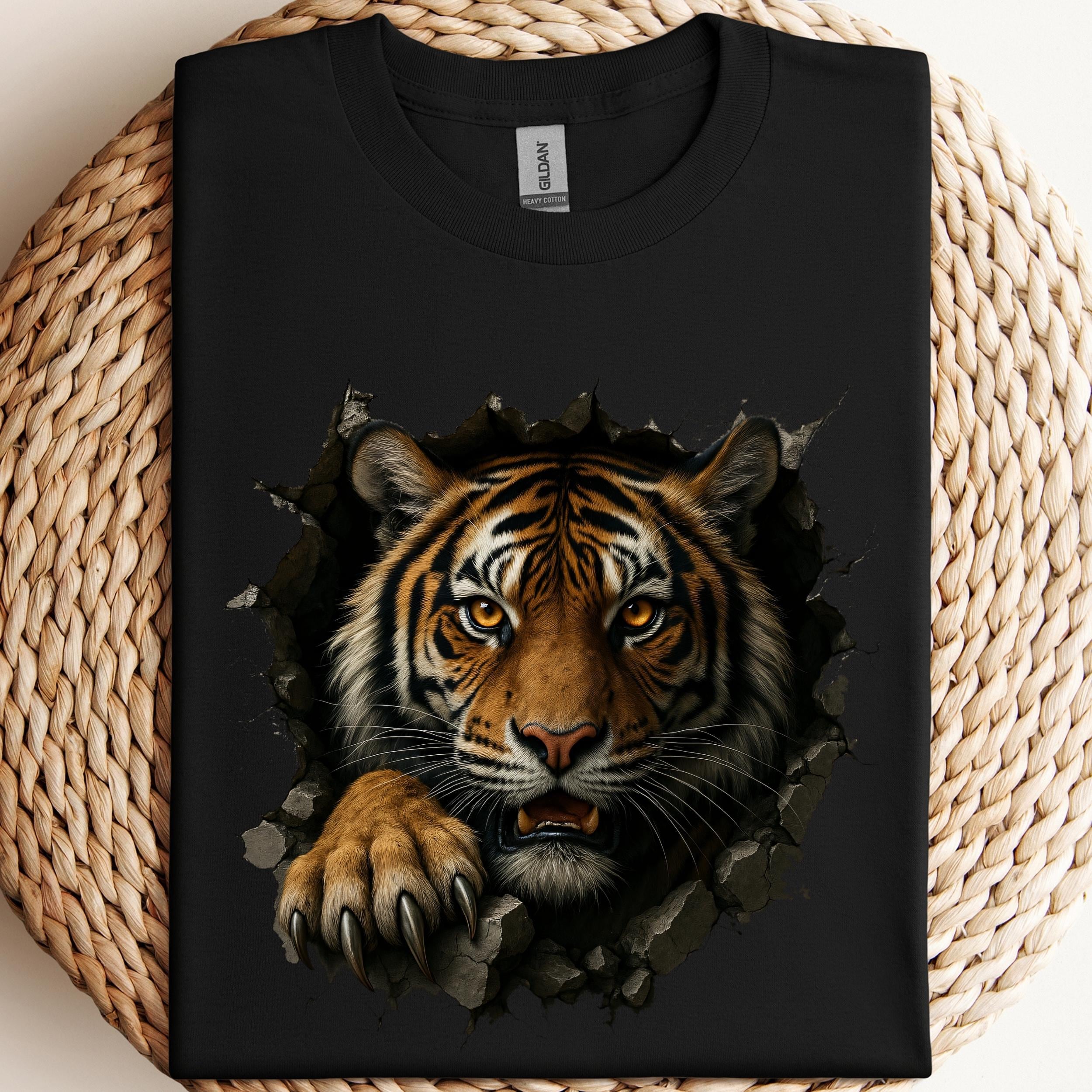 壁を引っ掻く獰猛な虎 PNG：昇華Tシャツデザイン（デジタル