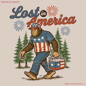 Sublimation patriotique de Bigfoot Lost in America, Lost in America Sasquatch, Bigfoot 4 juillet PNG, Design 4 juillet, Redneck USA Party png thumbnail