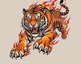 Fire Tiger PNG, Fierce Mascot Sublimation Design, Flaming Animal T-shirt Art (Digital Download)