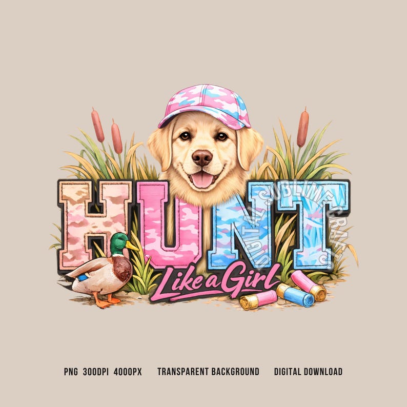 May include: A digital graphic featuring a golden retriever wearing a pink and blue camouflage cap, with the word "HUNT" in camouflage lettering and the phrase "Like a Girl" in pink script. A duck, cattails, and shotgun shells complete the design.