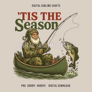 Funny Christmas Santa Fishing PNG: Camo Santa in Canoe (Digital Download)