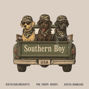 May include: A vintage-style illustration depicts three Labradors in a green pickup truck. The dogs wear sunglasses, camouflage caps, and bandanas. The truck bed displays "Southern Boy" and a "USA" number plate. The image has a rustic aesthetic.