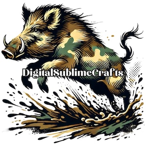 Camo Wild Boar Sublimation PNG | Javali Dinâmico com Design de Camuflagem | Fundo Transparente | Perfeito para Camisetas | Download Digital