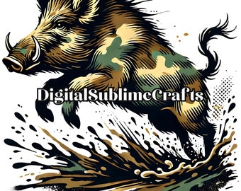 Camo Wild Boar PNG: Sublimation Design for T-Shirts (Digital Download)