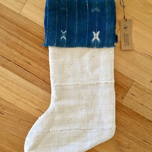 African mud cloth Christmas stocking-white mud cloth Christmas stocking-blue vintage indigo and white mud cloth stocking-Holiday stocking