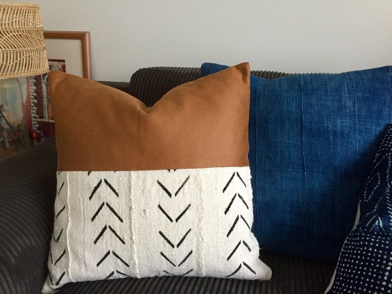 20x20 white with black arrow pattern Faux leather and African mud cloth pillow cushion cover 50cmx50cm