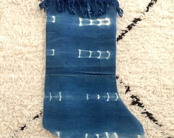 Vintage African indigo Christmas stocking-faded blue cloth with white tie dye pattern