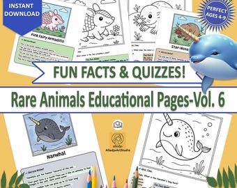 Rare Animals Educational Coloring Pages | Pink Armadillo, Narwhal, Mole (PDF Set)