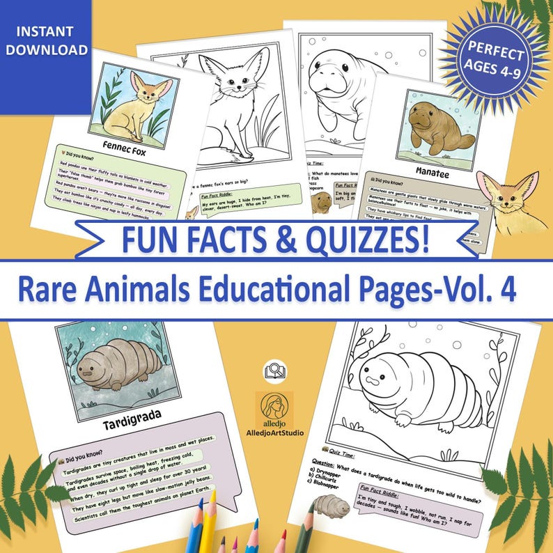Kids Rare Animals Activity Sheets | Montessori Wildlife Printables | Manatee, Fox, Tardigrade (6 Pages) image 1