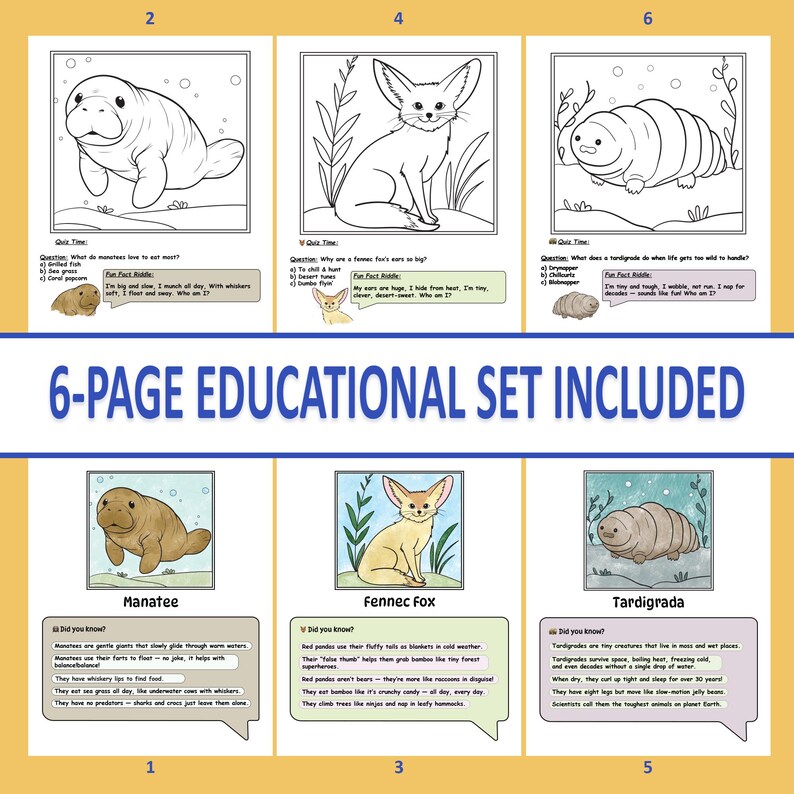 May include: A 6-page educational set featuring illustrations of a manatee, fennec fox, and tardigrade. Each page includes a quiz and fun facts about the animals. The set is designed for educational purposes.