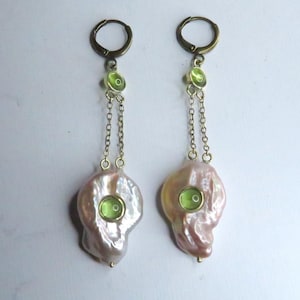 Large Baroque Pearl Earrings, Natural Pearls, Natural Peridot, Bridal Pearl Jewelry, Petal Pearl Dangle Earrings, Pink Pearl, Long Earrings