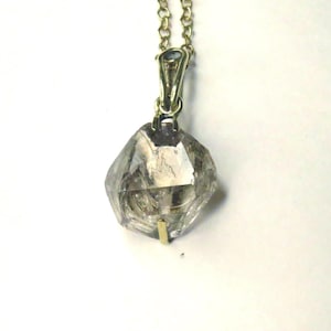 Herkimer Diamond Quartz Pendant Necklace: Raw Crystal, Brass Details