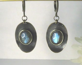 Iridescent Labradorite Brass Earrings: Hammered Modern Vintage Style