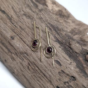 Garnet Threader Earrings: Raw Brass Bohemian Jewelry