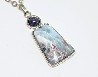 Larimar en Ethiopische opaalhanger, handgemaakte koperen ketting