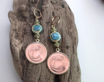 Irish Coins Earrings with Gold Pated Hoops, Jade, Ceramic, Brass. 1996 Year Gift