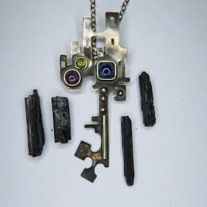 Steampunk Magic Key, Key To The City, Ceramic, Brass, Natural Stones, Amethyst, Peridot, Handcrafted Artisan Necklace, Unique Skeleton Key