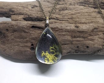 Handmade Clear Quartz Moss Pendant – Blackened Brass Necklace
