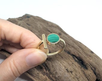 Adjustable Malachite & Brass Ring, Floating Design, Coin Shape, Unclosed Ring