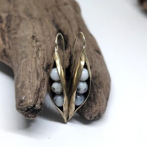 Opal Pea Pod Earrings: Brass Threader Earrings, Handcrafted Jewelry