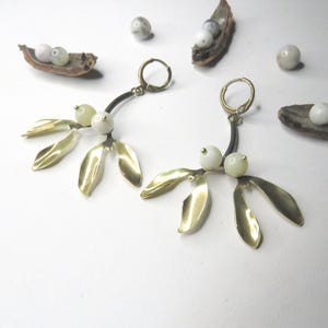 Handcrafted Brass Mistletoe Earrings with White Opal Beads image 1