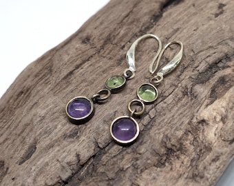 Amethyst and Peridot Earrings – Lightweight Gemstone and Brass Jewelry (1.6" Length)
