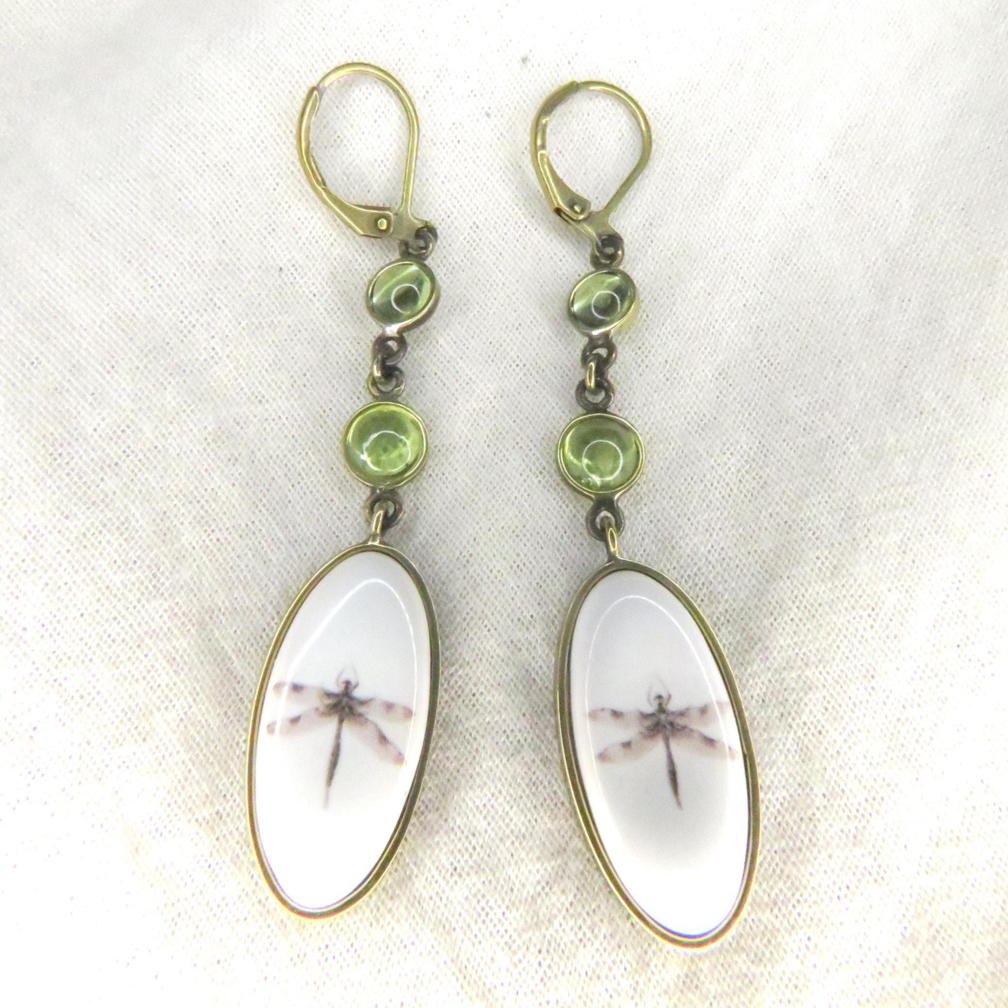 Parure Bijoux Libellules Doré Avec Perles Céramique Verte - 2 Pièces Neuf