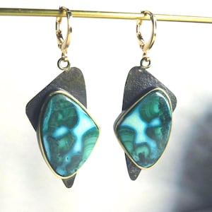Chrysocolla Malachite Earrings, Gold Filled Hoops, Textured Patinated Brass, Unique Handcrafted Earrings, Unique Gift for Her