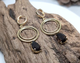 Faceted Smoky Quartz and Brass Earrings with Gold Filled Hoops, Earthy Modern Handcrafted Jewelry
