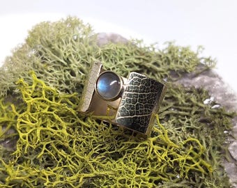 Light Blue Labradorite and Textured Brass, Wide Band Ring, US Size 8, Handcrafted Jewelry