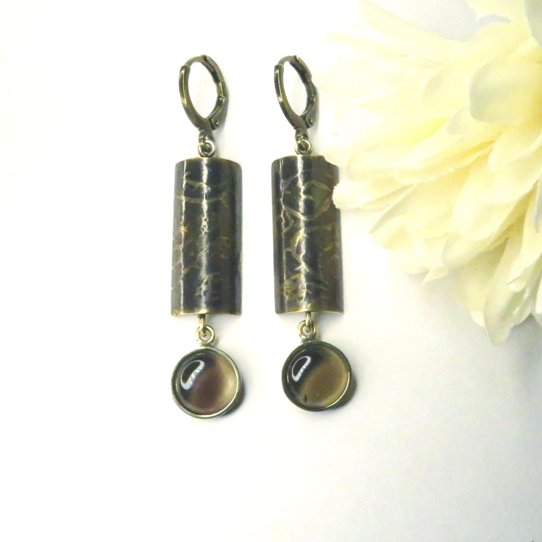 Patina Brass Dangle Earrings: Smoky Quartz, Berries & Thorns