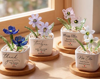 Stained Glass Birth Month Flowers Custom Pot, Thank You for Helping Me Grow, Teacher Appreciation Gift, Coworker Gift Thank You, Mom Gift