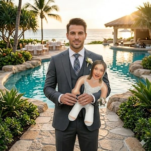 May include: A custom-shaped pillow featuring a photographic print of a person wearing a white lace wedding dress with a necklace. The pillow is held by a person in a dark gray three-piece suit with a white shirt, a patterned tie, and a boutonniere.