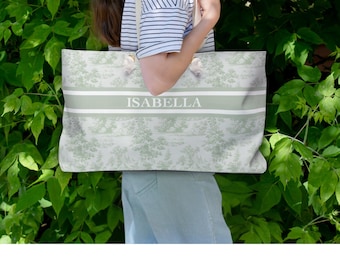 Personalized Bride Weekender Bag: Custom Toile de Jouy Floral Travel Tote