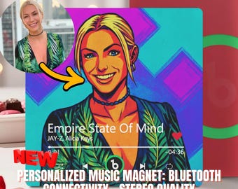 May include: A personalized music magnet featuring a stylized illustration of a woman with blonde hair. The magnet displays the song "Empire State Of Mind" by Jay-Z and Alicia Keys. The magnet is red and has the word "NEW" on it.