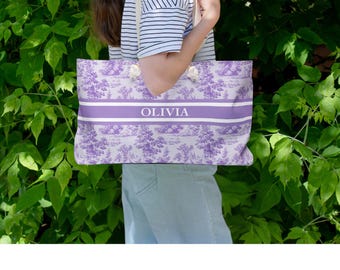 Personalized Bride Weekender Bag: Custom Toile de Jouy Floral Travel Tote