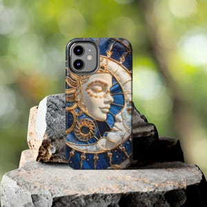 Celestial Starry Night Tough Printed Phone Case Crescent Moon Stars Phone Case Faux iPhone 16 15 14 13 12 11 Pro Max Plus Galaxy S24 S23 S22