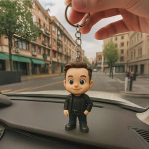 Peut inclure: Un porte-clés avec une figurine de dessin animé d'un homme en veste noire, pantalon noir et chaussures noires. La figurine est attachée à un porte-clés argenté. L'arrière-plan montre une rue de la ville.