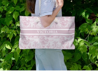 Personalized Bride Weekender Bag: Custom Toile de Jouy Floral Travel Tote