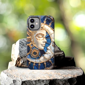Moon Star Celestial Phone Case Faux Stained Glass Night Sky Design iPhone 16 15 14 13 12 Galaxy S24 S23 Celestial Casing Mosaic Phone Case