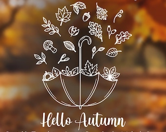 Op de afbeelding: Een witte lijntekening van een paraplu gevuld met diverse herfstbladeren, eikels, bessen en een paddenstoel. De tekst luidt Chalk Marker Window Design, Hello Autumn, Printable Template, Instant Download, Multiple Sizes.