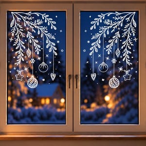 Plantilla para marcador de tiza de ramas navideñas, decoración navideña para ventanas, adorno para árbol de Navidad, imagen navideña para ventana, plantilla PDF