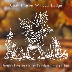 Autumn Mouse Chalk Marker Window Template | Fall Window Art | Woodland Animal Printable PDF | Autumn Window Decor | Glass Painting Stencil