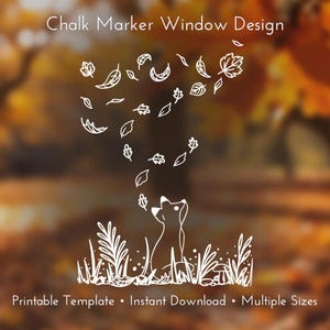 Puede incluir: Un gráfico de arte lineal blanco que muestra un zorro sentado en la hierba y setas, mirando hacia arriba a las hojas de otoño que caen. El texto dice Chalk Marker Window Design, Printable Template, Instant Download, Multiple Sizes.