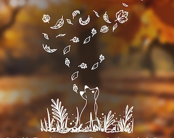 Op de afbeelding: Een witte lijntekening van een vos die in het gras tussen paddenstoelen zit en naar vallende herfstbladeren kijkt. De tekst luidt Chalk Marker Window Design, Printable Template, Instant Download, Multiple Sizes.