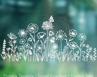 Sjabloon voor raamdecoratie met krijtstift: Bloemenweide 2 | Printbaar sjabloon voor raamdecoratie | Sjabloon voor raamschildering | DIY raamfoto PDF