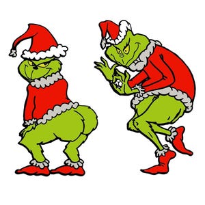 以下が含まれることがあります： 赤いサンタの衣装と帽子を着た緑色の生き物の2つの漫画のキャラクター。1つのフィギュアは曲がっており、もう1つは手でジェスチャーをしています。どちらのフィギュアも衣装に白いトリムと赤いブーツが付いています。