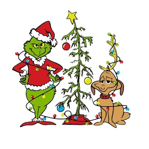 May include: A cartoon illustration featuring the Grinch in a Santa hat and red suit, a small Christmas tree, and a brown dog with antlers. All are decorated with colorful Christmas lights. The Grinch is green and the dog has a sad expression.